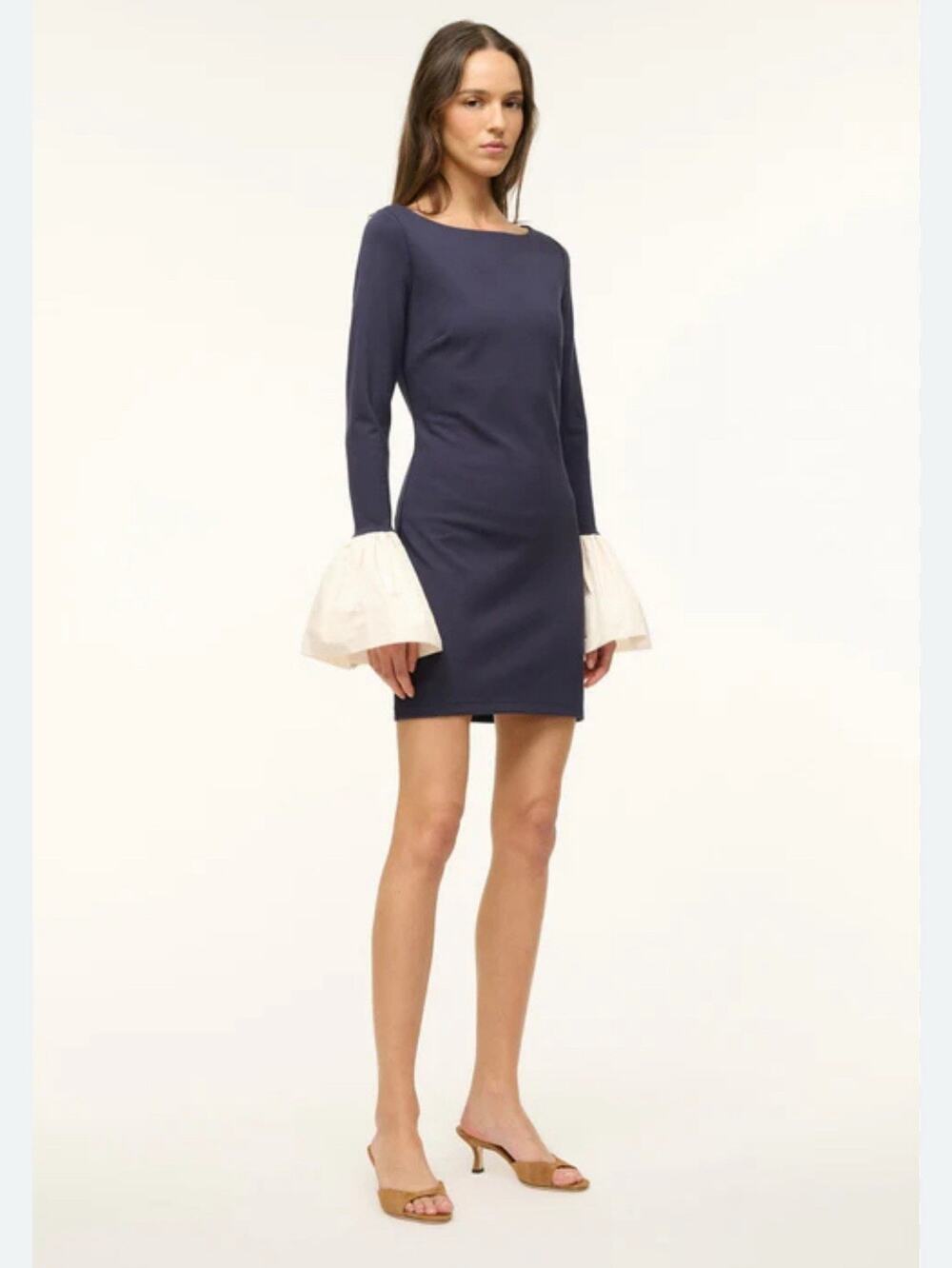 STAUD Hawthorne Bell Cuff Mini Dress Navy Ivory R24P2268PF Small NEW